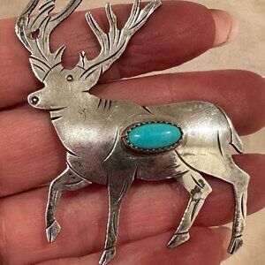 Elk Turquoise and Sterling Silver Pin Native American Made EUC